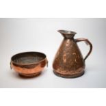 A Victorian copper 2 gallon harvest measure jug; together with a hammered copper circular bowl
