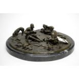 Hunting Party - Bronzed figure group, raised on an oval marble base.