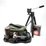 A Pentax ME Super camera; Bilora Compact-Profilo 5143 tripod stand; and other accessories.
