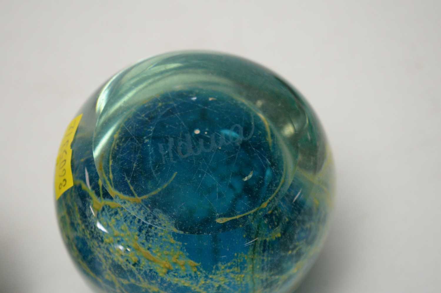 Three Mdina glass paperweights and another paperweight; and an opaque mottled blue glass vase - Image 5 of 5