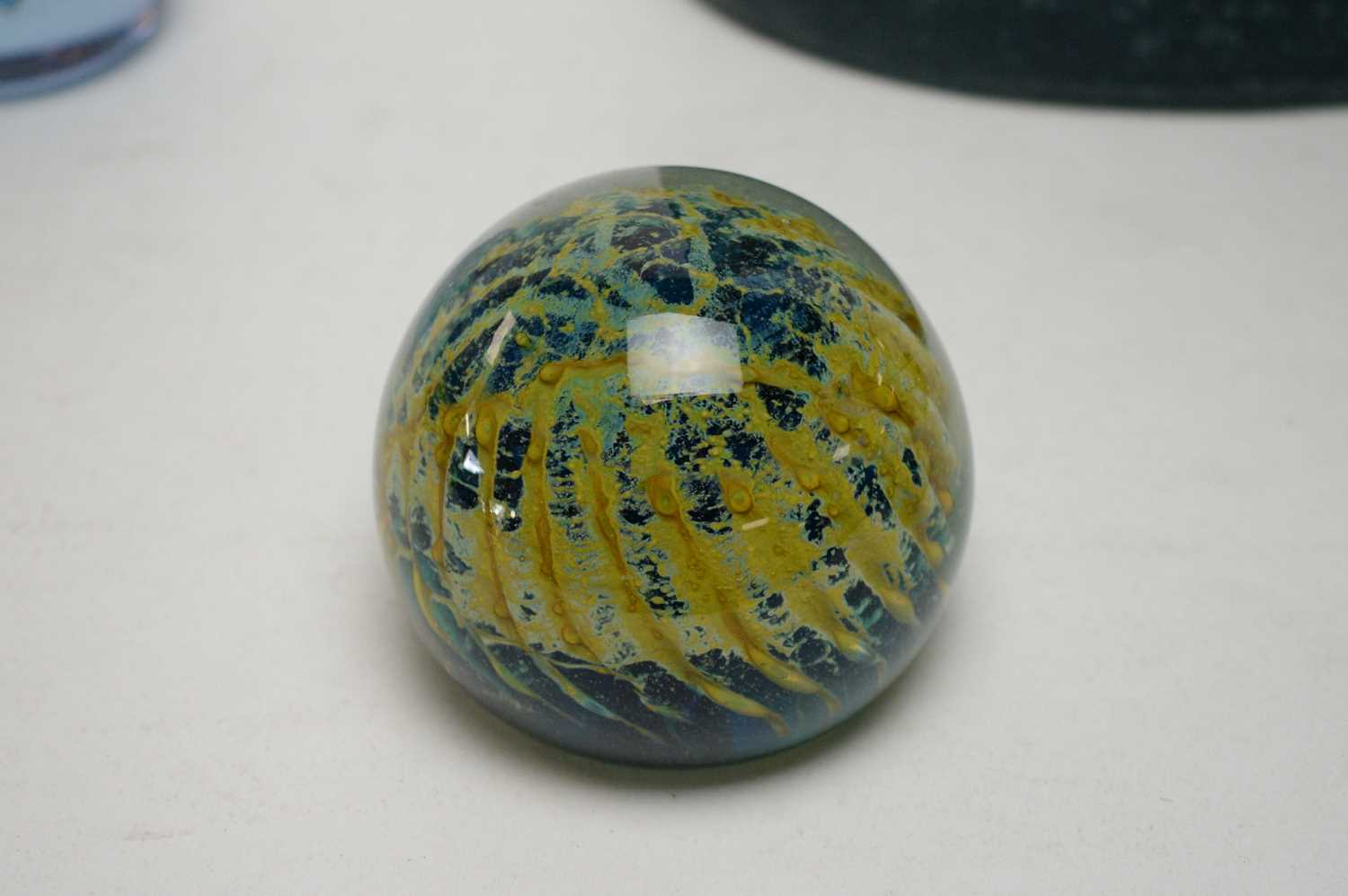 Three Mdina glass paperweights and another paperweight; and an opaque mottled blue glass vase - Image 3 of 5