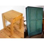 A contemporary M & S oak bedside table; and a contemporary Indian style green painted wardrobe.