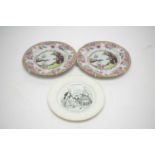 A pair of Spode Stone China ‘Ship’ chinoiserie plates; together with a French Cien pearlware plate