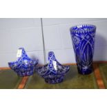 A Bohemian blue flash glass vase; and a pair of baskets