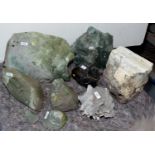 Five pieces of Alloa glass, a piece of rock with crystal formations and a shell