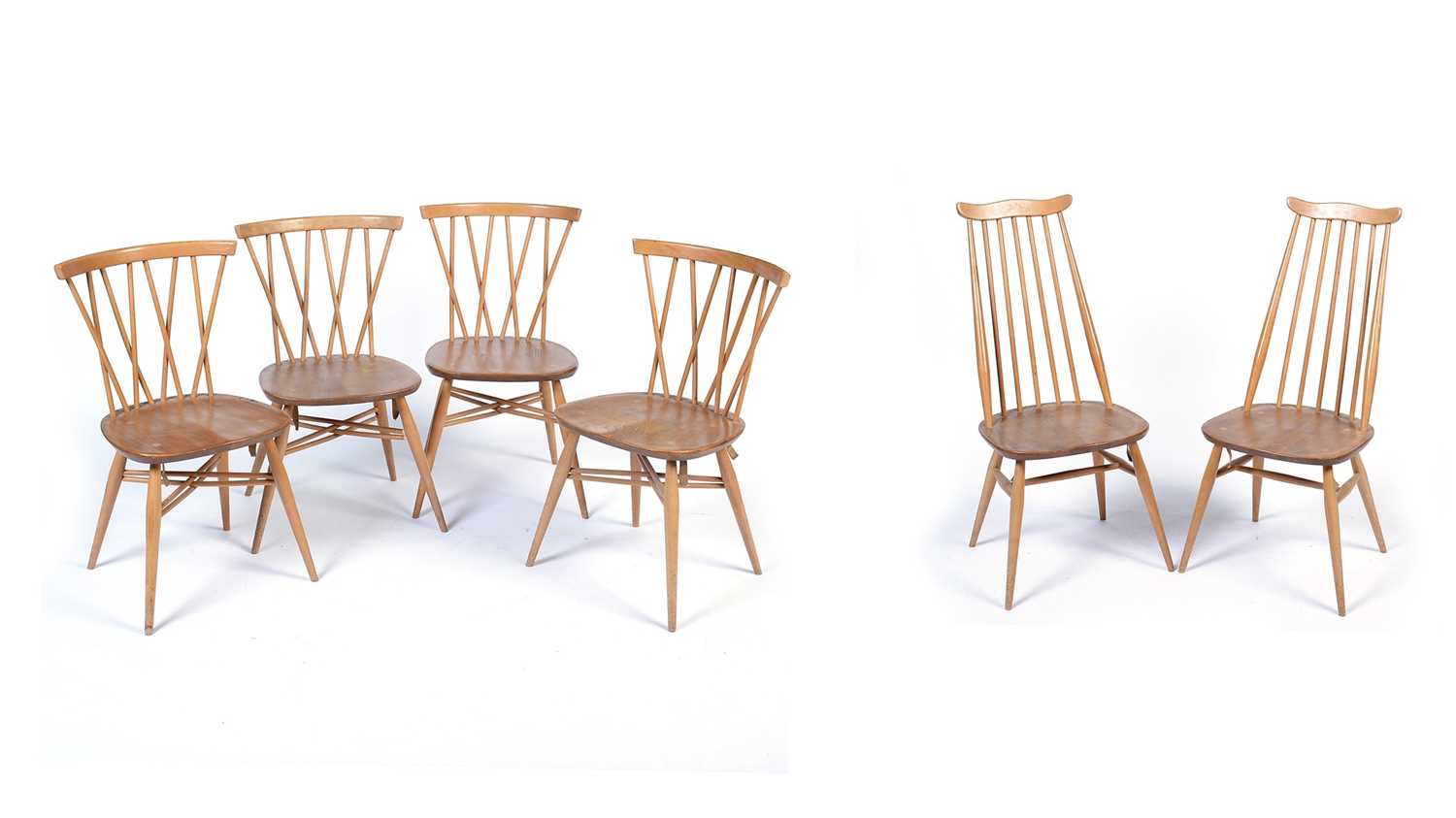 Ercol: four No. 376 Windsor latticed chairs; and two No. 369 Goldsmith Windsor chairs.