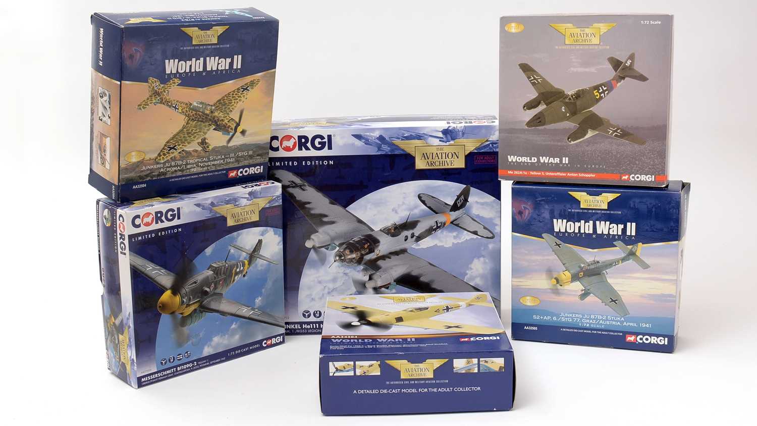 A group of six Corgi World War II Luftwaffe diecast scale model planes.