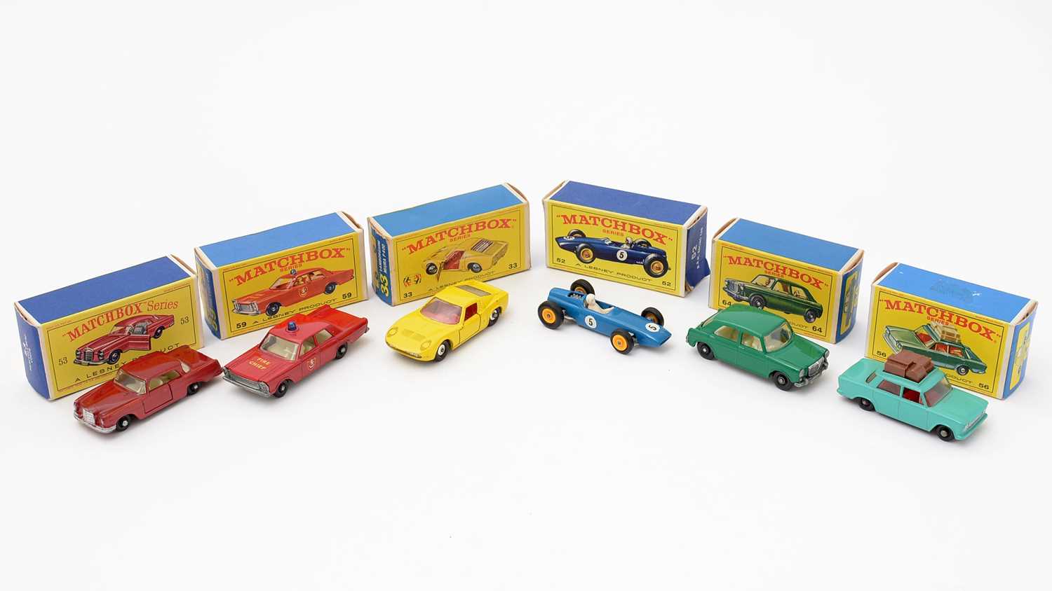 Six Matchbox Series diecast vehicles