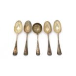 Four George II silver tablespoons; and a silver sauce ladle.