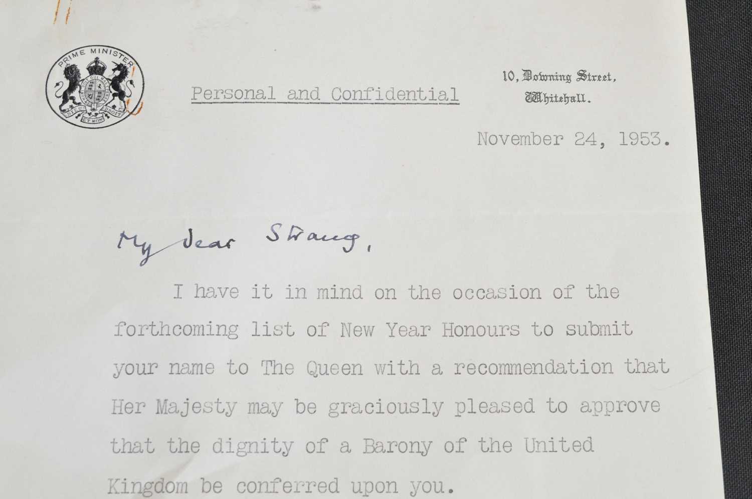 A typed letter from Winston S. Churchill to Sir William Strang, - Image 3 of 6