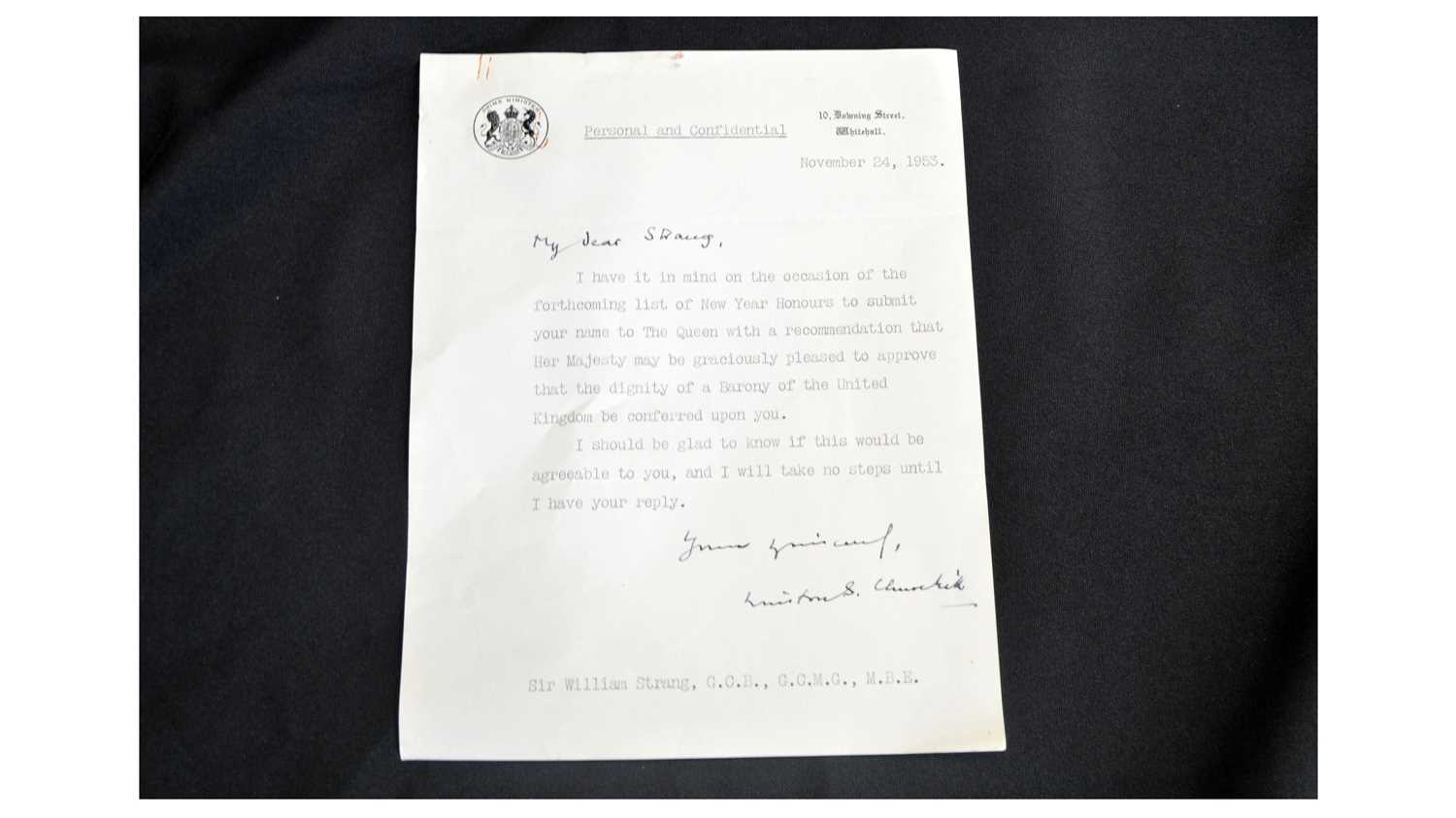 A typed letter from Winston S. Churchill to Sir William Strang,