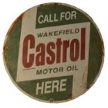 ﻿﻿An enamel advertising sign, ﻿Call For Wakefield Castrol Motor Oil Here,