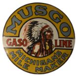 An enamel advertising sign, Musgo Gasoline,