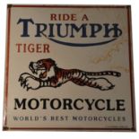 ﻿An enamel advertising sign, Ride a Triumph Tiger Motorcycle,