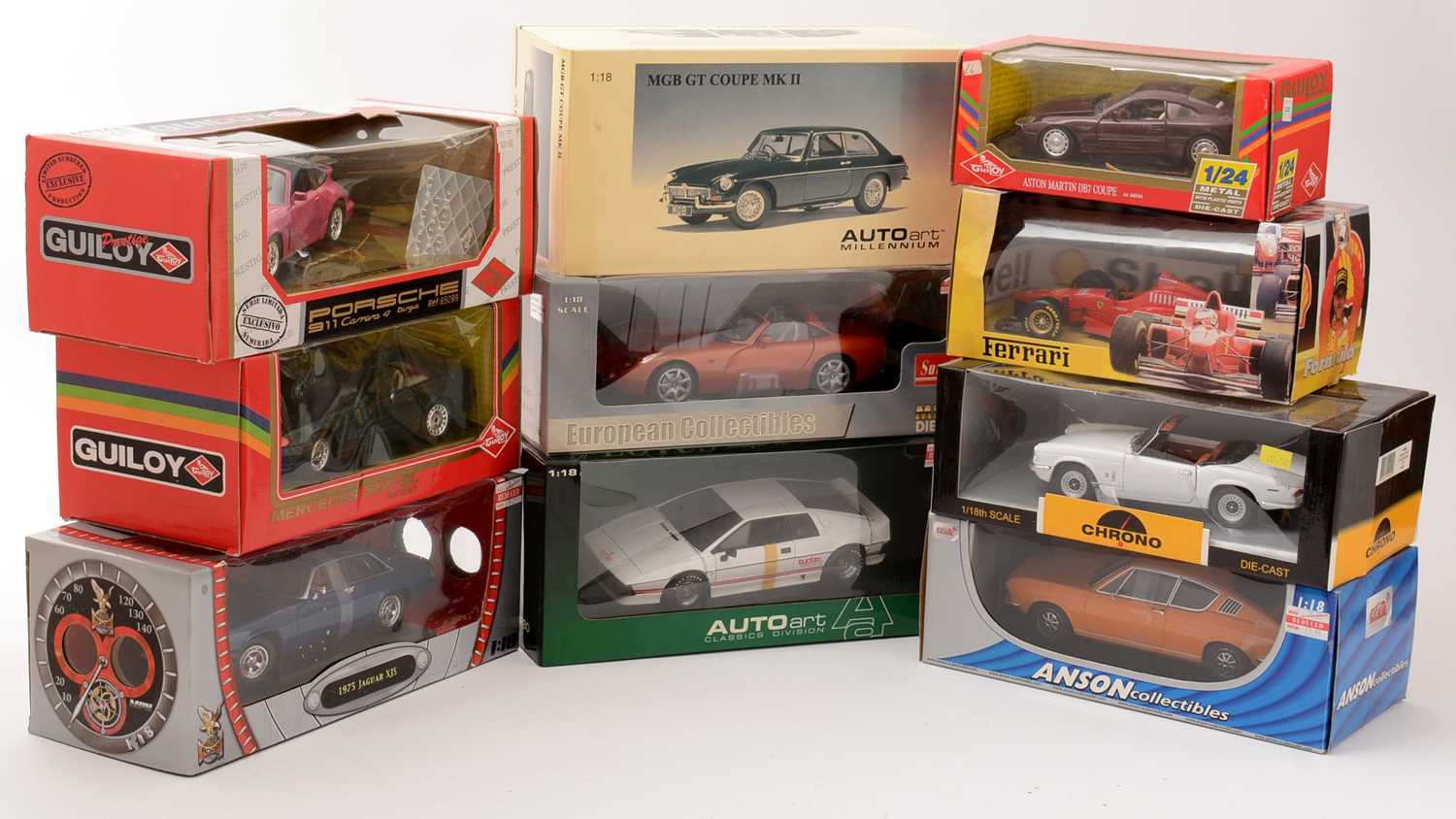 A selection of 1:18 and similar scale diecast model vehicles