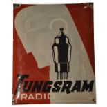 An enamel advertising sign, Tungsram Radio, cushion shaped, 40 x 32cms.