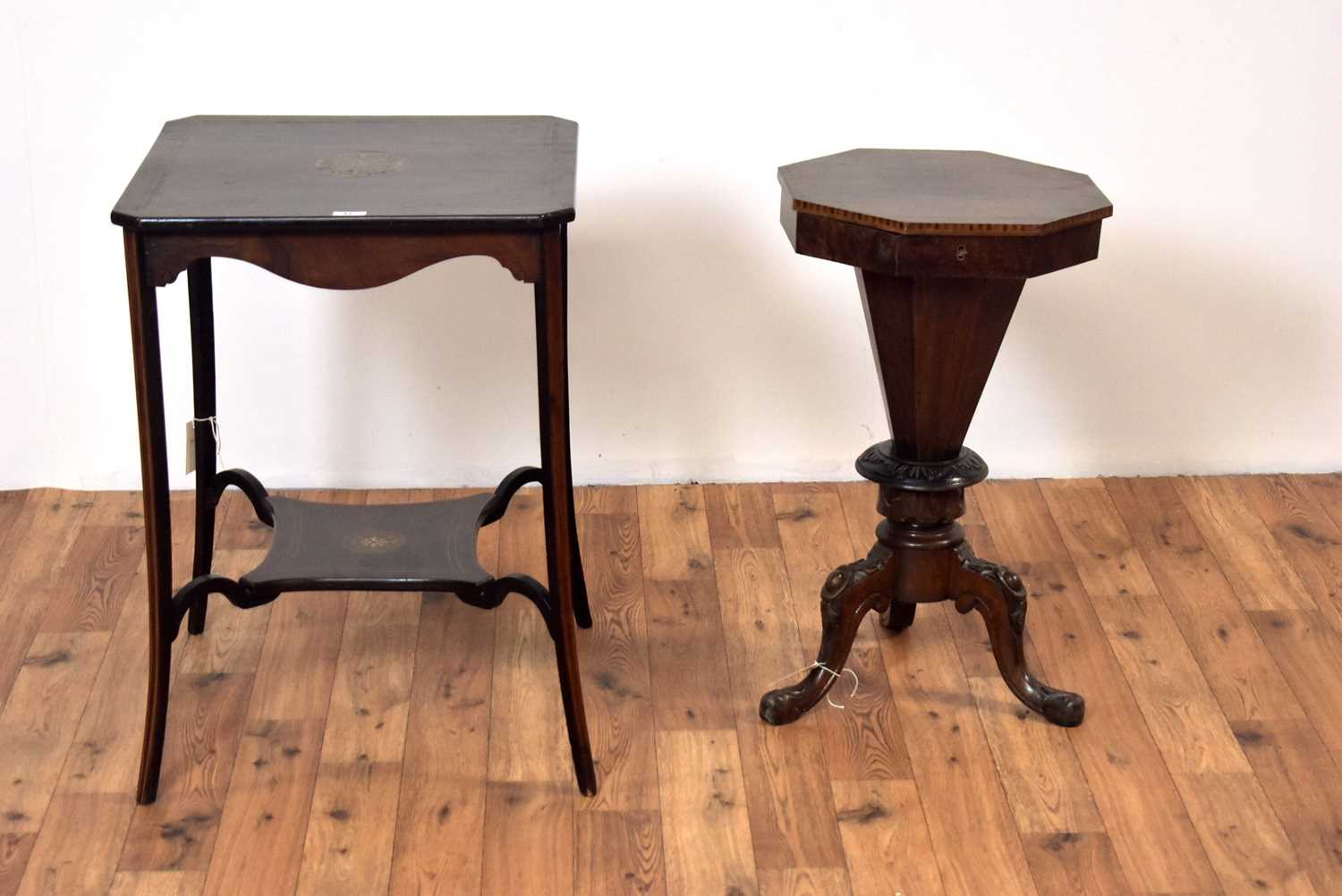 An early 20th Century inlaid mahogany occasional table; and a Victorian work table. / - Image 2 of 7