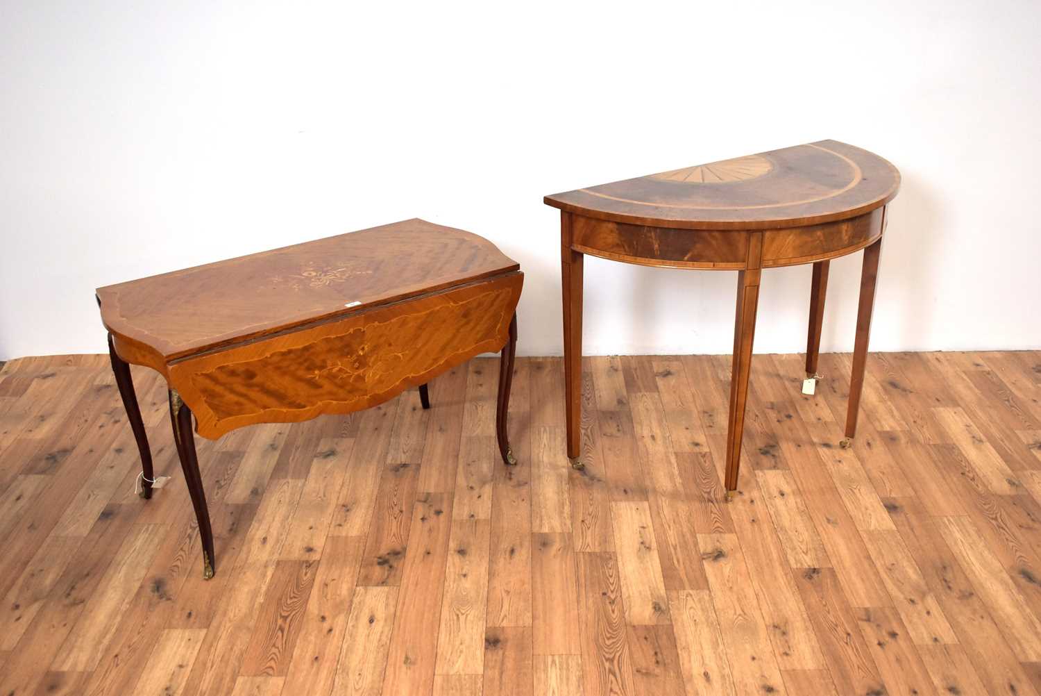 A Regency Revival demi lune inlaid mahogany hall table with a Regency Revival drop leaf table - Image 3 of 9