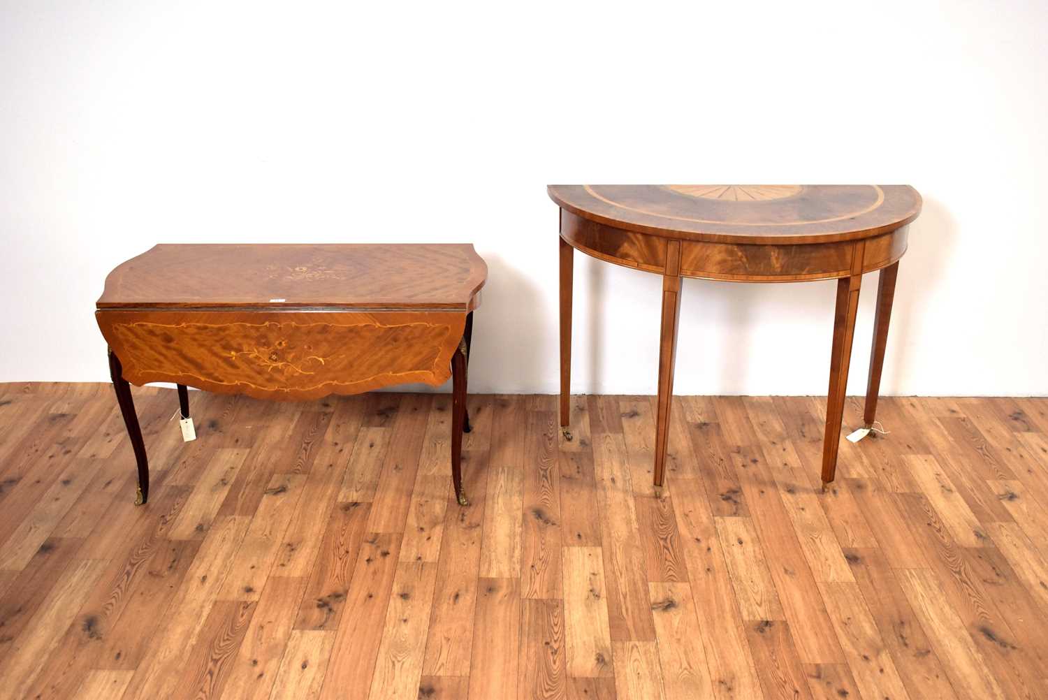 A Regency Revival demi lune inlaid mahogany hall table with a Regency Revival drop leaf table - Image 2 of 9