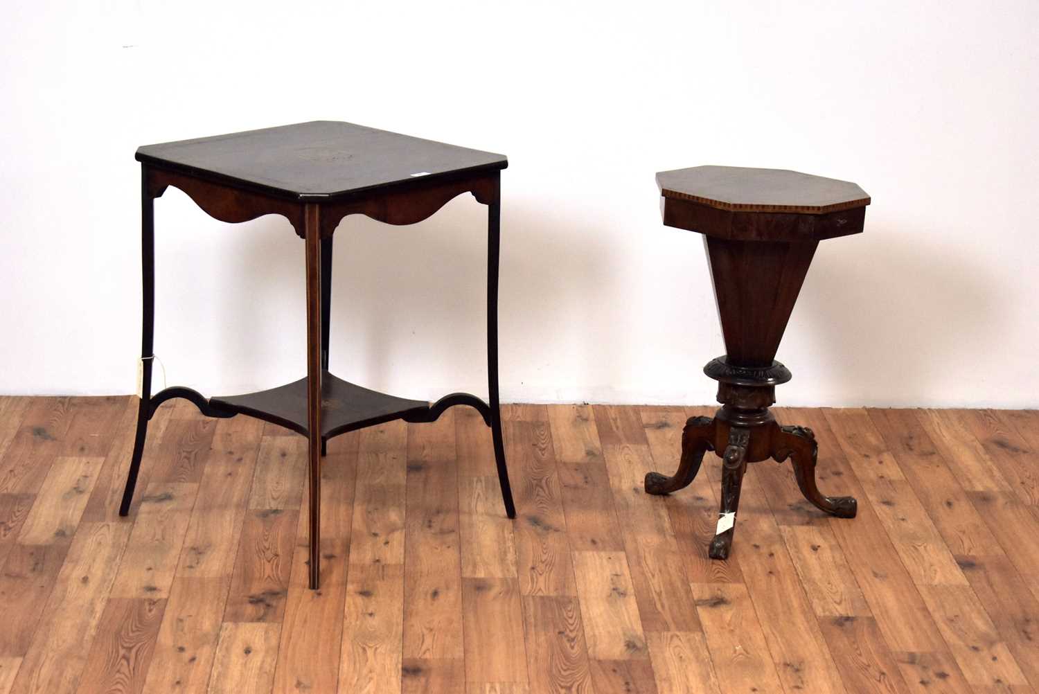 An early 20th Century inlaid mahogany occasional table; and a Victorian work table. / - Image 3 of 7