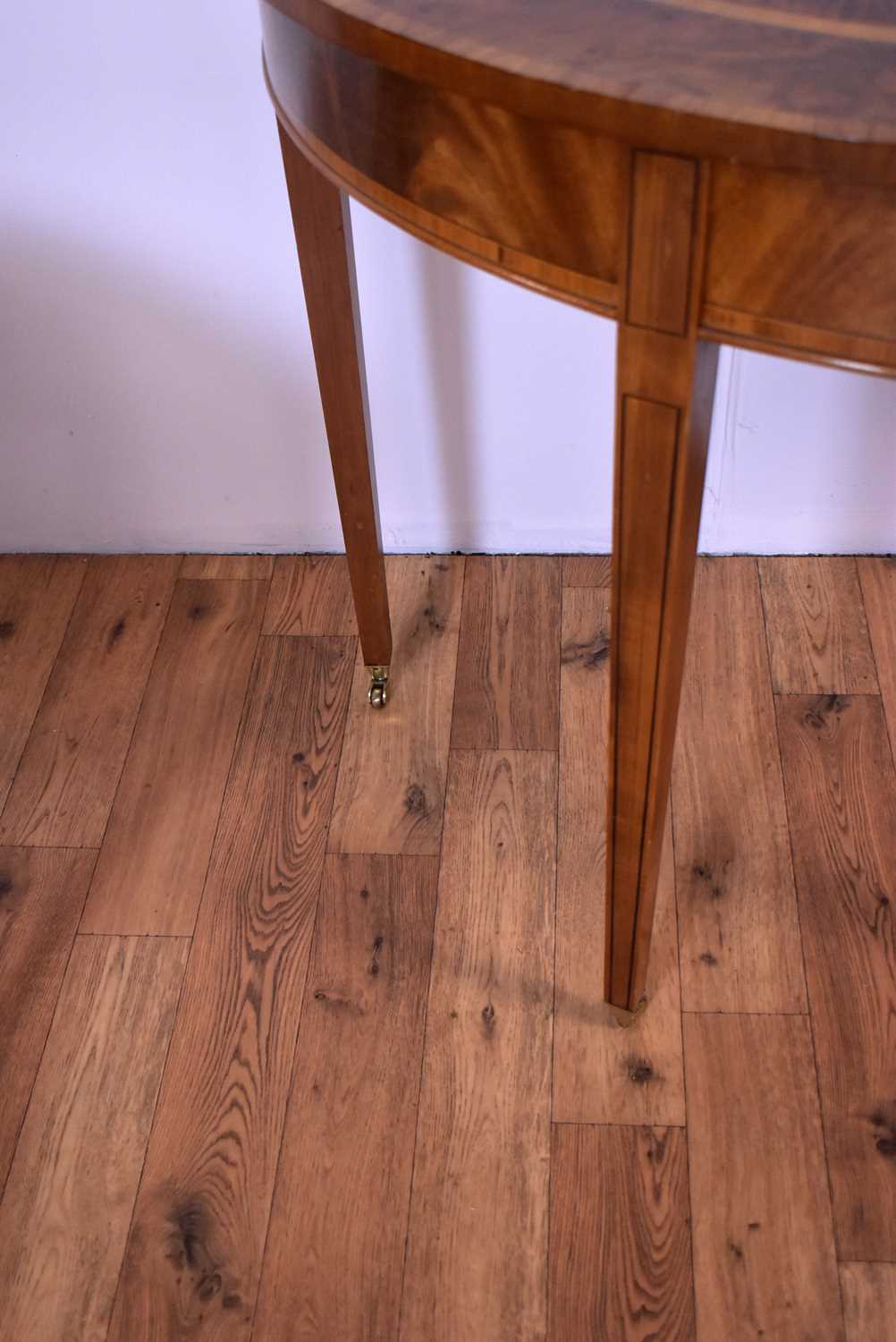 A Regency Revival demi lune inlaid mahogany hall table with a Regency Revival drop leaf table - Image 6 of 9