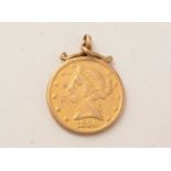 A United States 19th Century gold dollar, 1880, with soldered pendant mount