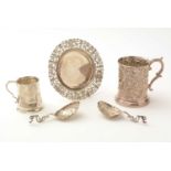 A silver Christening tankard, and other items