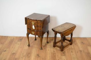 A Queen Anne style burr walnut drop leaf bedside cabinet and stool