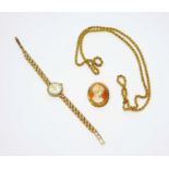 A 9ct gold necklace; Rotary gold wristwatch; and a cameo brooch