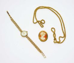 A 9ct gold necklace; Rotary gold wristwatch; and a cameo brooch