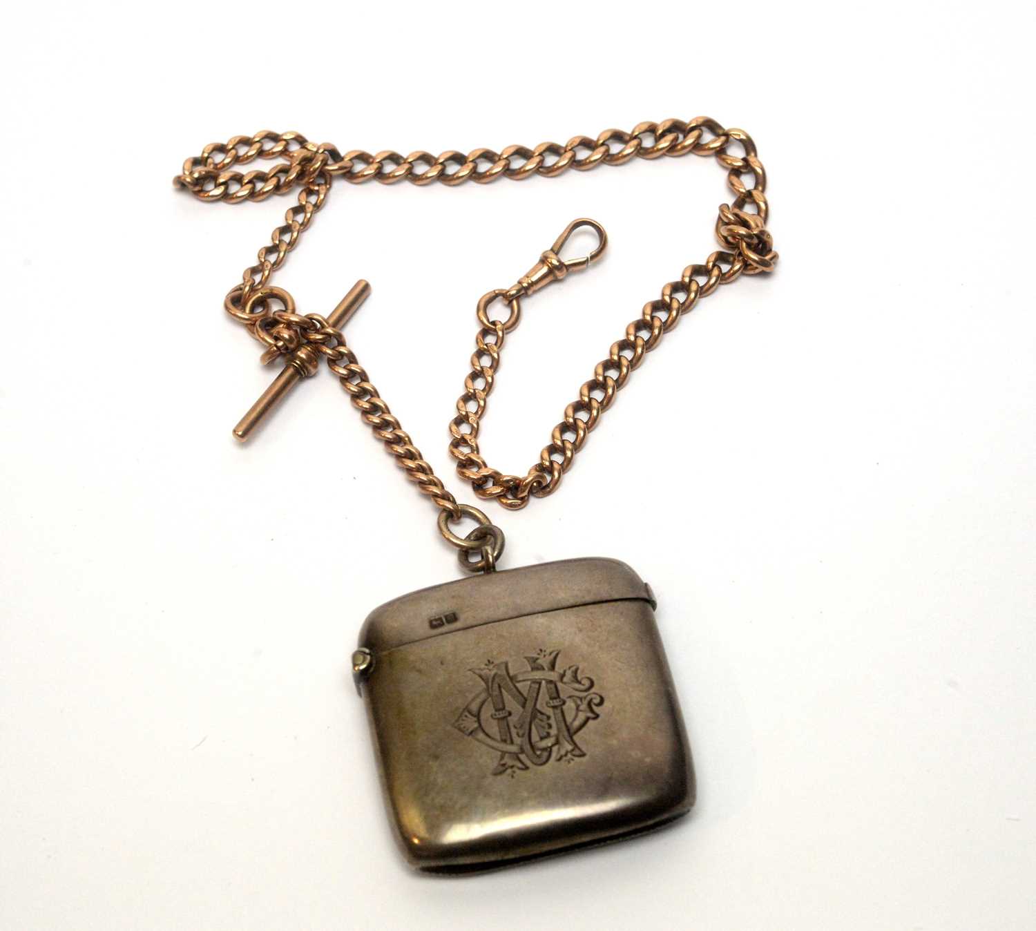 A 9ct yellow gold albert chain; and a silver vesta case