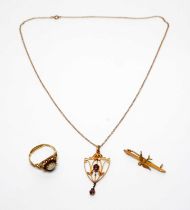 An Edwardian pendant; opal ring; and a bar brooch