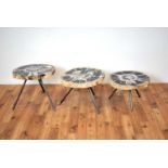 A set of three contemporary petrified wood coffee table