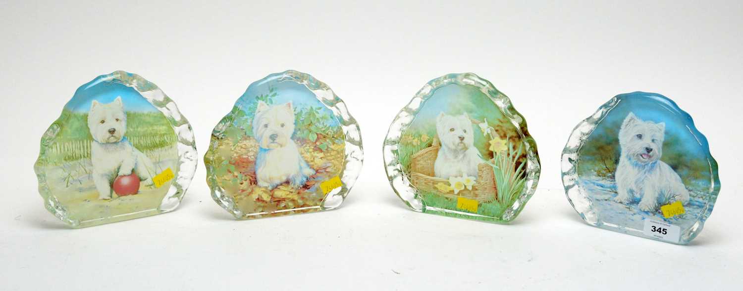 Four Danbury Mint Scottie dog glass paperweights