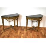 Pair of ornate Georgian style marble-topped and gold painted demi lune console tables