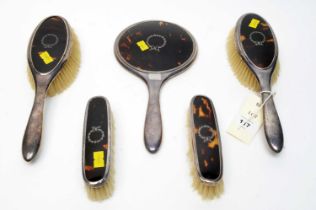 Art Deco silver and tortoiseshell backed dressing table accessories