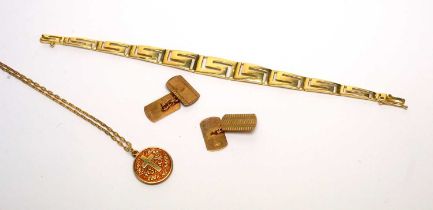 A Greek key motif bracelet; cufflinks; and a pendant on chain