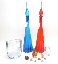 A pair of retro art glass decanters with stoppers; and other items