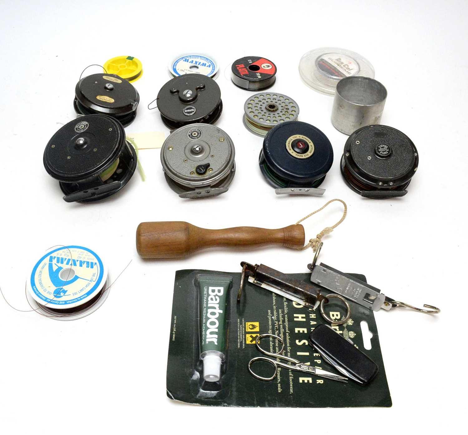 A collection of fishing reels