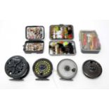 Three trout fly reels and fishing flies