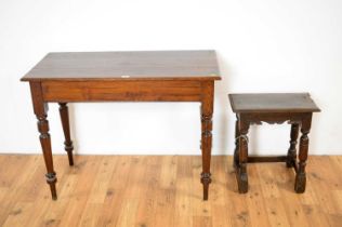 An 18th Century peg jointed stool together with a stained pine hall table of rectangular form