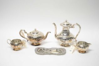 An Oneida Silversmiths silver-plated tea and coffee service; and a pair of candle snuffers