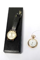 A gold plated open faced fob watch and a Rotary wristwatch