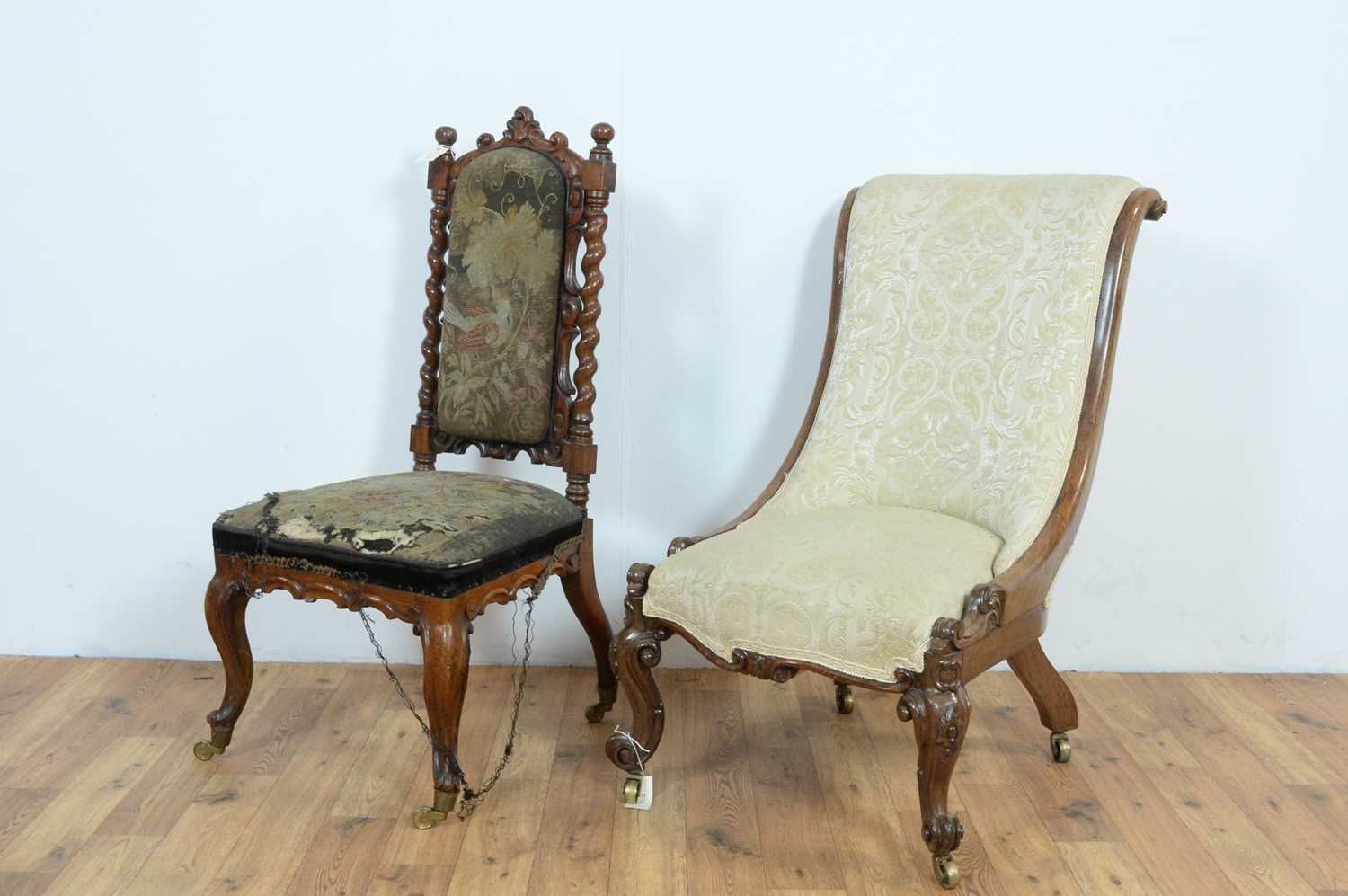 Two Victorian carved nursing chairs and two stools. - Image 2 of 4
