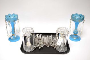 A pair of Victorian blue glass lustres; and another pair of clear glass lustres