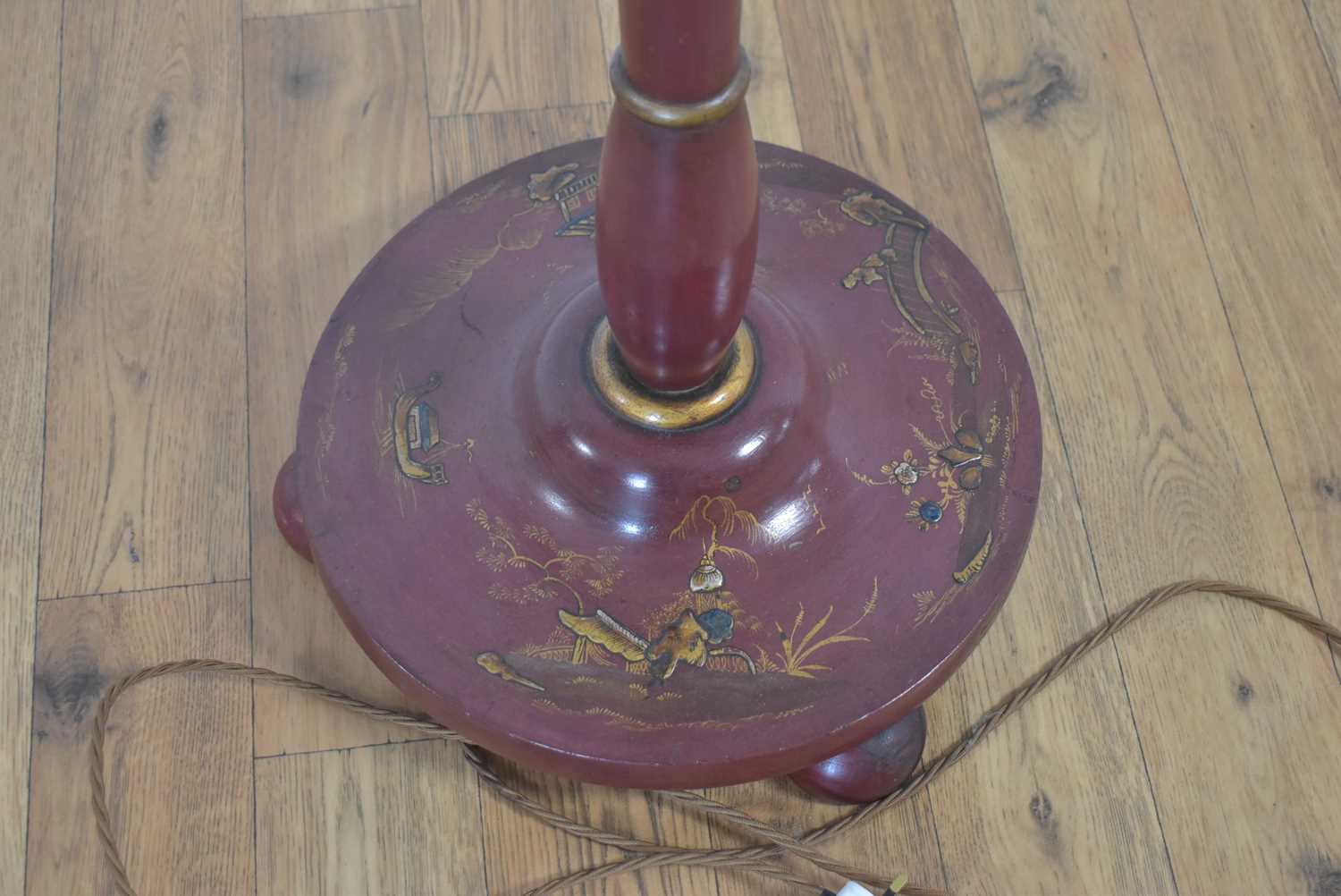 A decorative mid-20th Century red lacquered chinoiserie design standard lamp, - Image 2 of 4