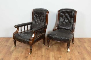 A Victorian gentleman's button-back easy armchair, and a matching lady's easy chair.