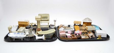 A collection of vintage dolls house bathroom furniture