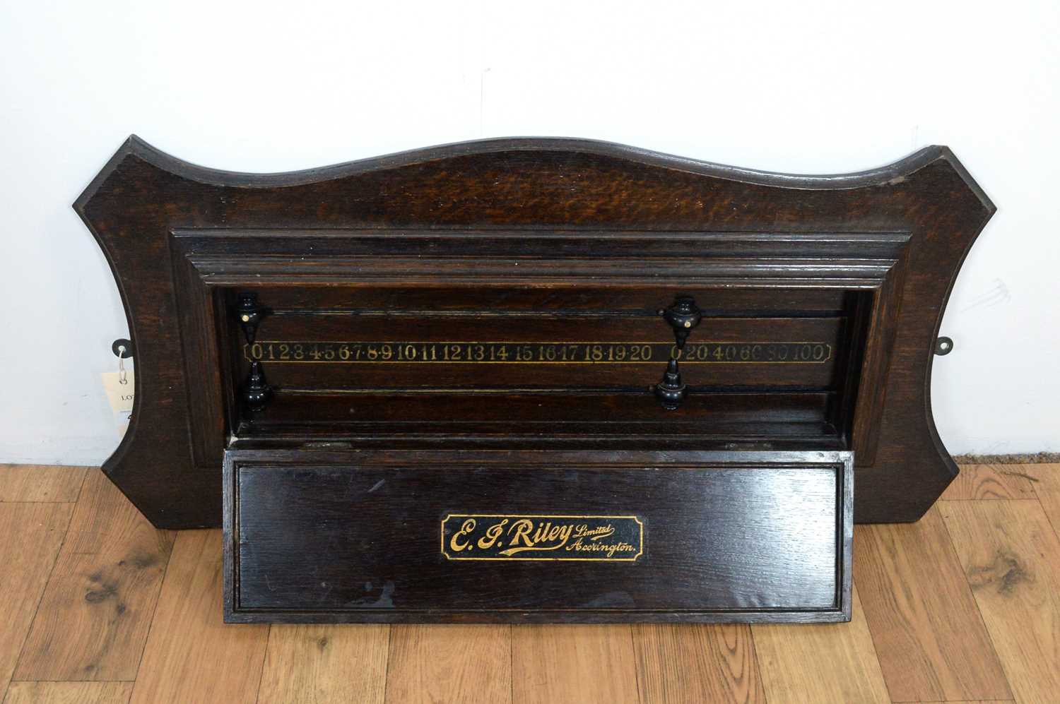 E.J Riley of Accrington, a vintage oak billiards/snooker scoreboard.