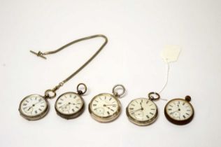 Four silver cased open faced pocket watches, and another